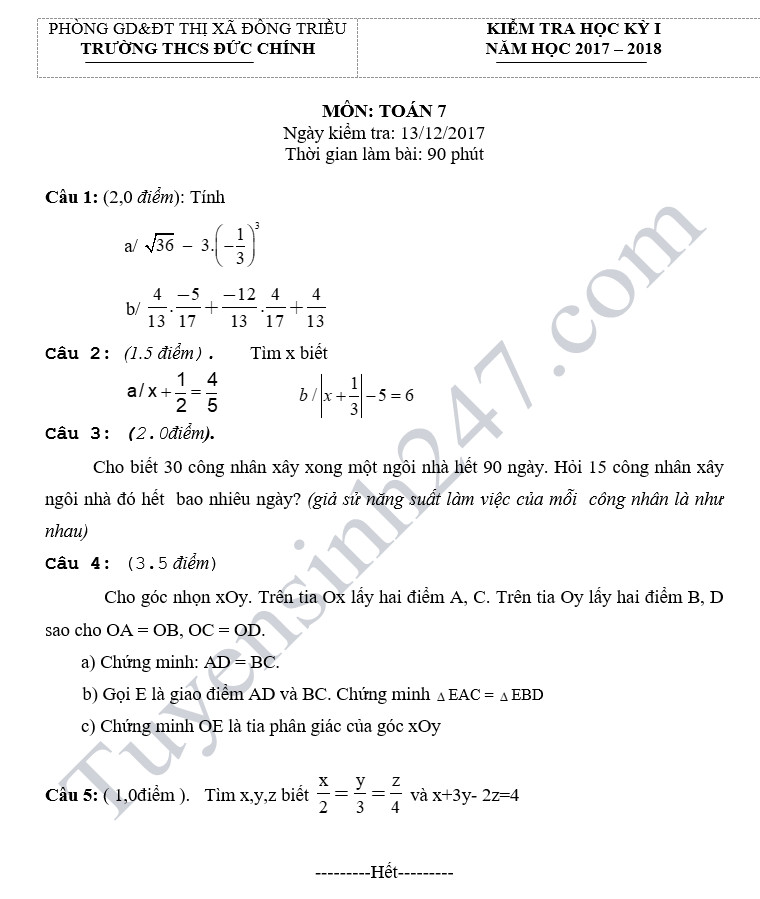 De thi hoc ky 1 lop 7 mon Toan - THCS Duc Chinh nam 2018