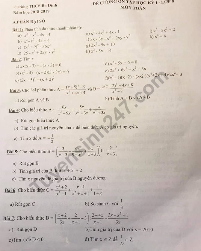 De cuong on tap ki 1 lop 8 mon Toan THCS Ba Dinh 2018