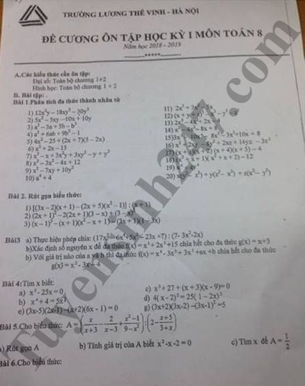 De cuong on tap ki 1 lop 8 mon Toan - THCS Luong The Vinh 2018