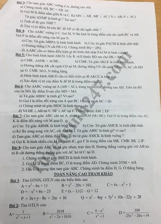 De cuong on tap ki 1 lop 8 mon Toan - THCS Quynh Mai nam 2018