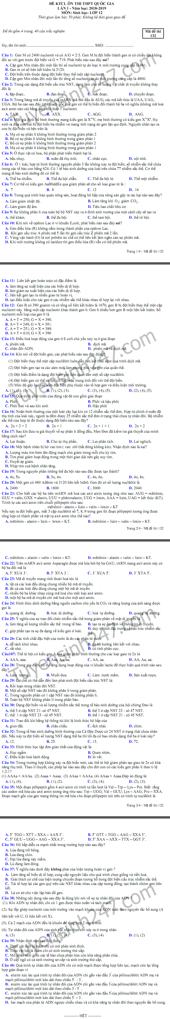 De thi thu THPTQG mon Sinh 2019 - THPT Doi Can lan 1