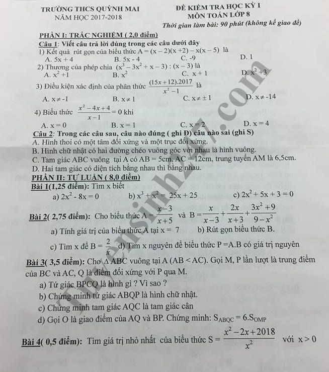 De thi hoc ky 1 mon Toan lop 8 - THCS Quynh Mai nam 2018