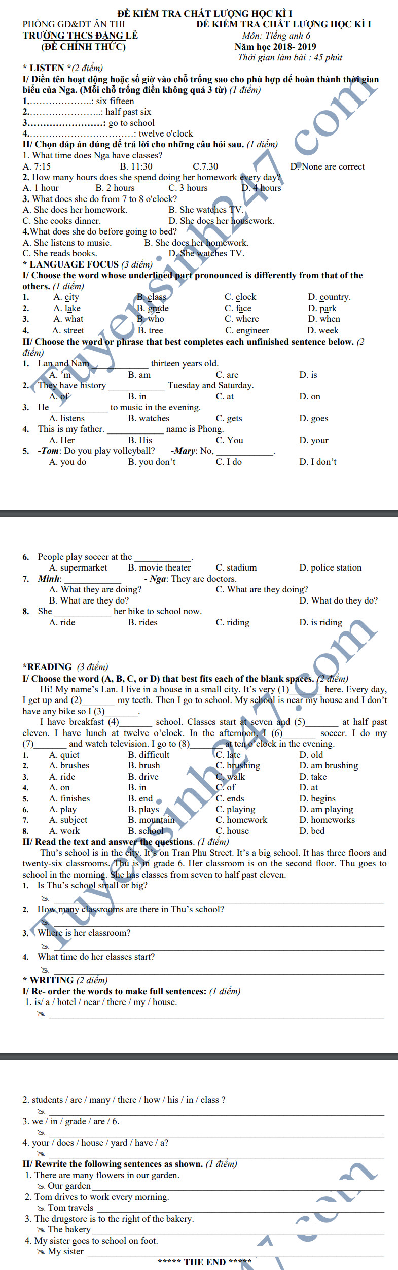 De kiem tra hoc ky 1 lop 6 mon Anh 2018 - THCS Dang Le
