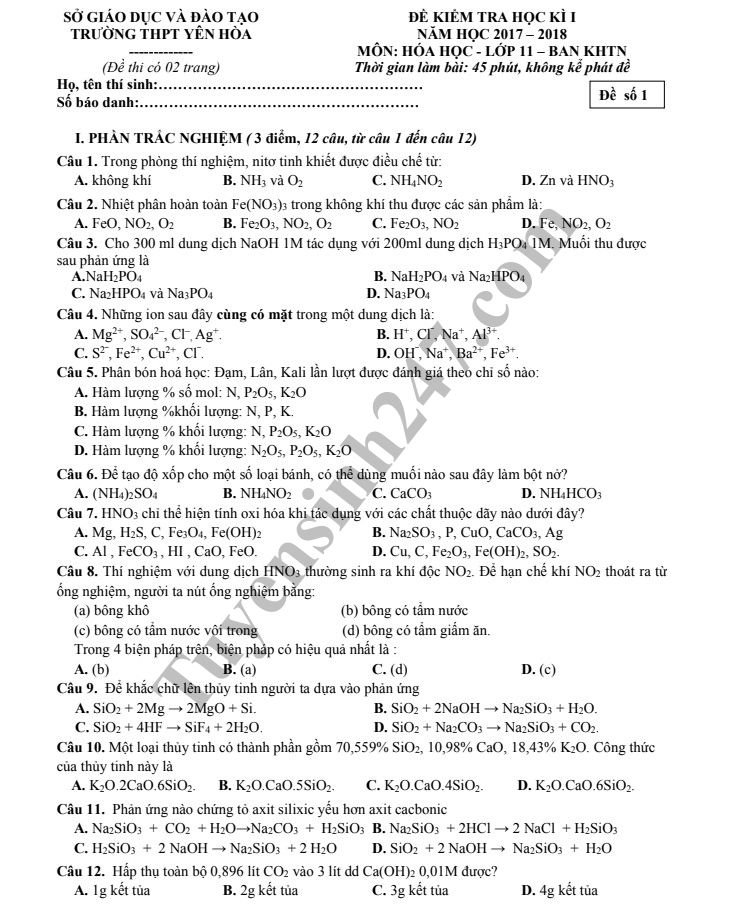 De kiem tra hoc ky 1 lop 11 mon Hoa - THPT Yen Hoa nam 2018
