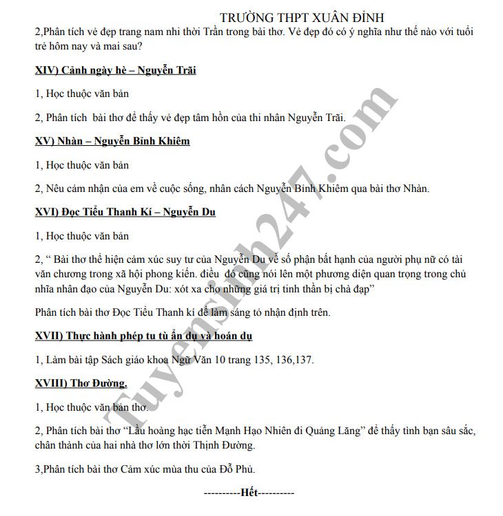 De cuong on tap ki 1 lop 10 mon Van - THCS Xuan Dinh nam 2018