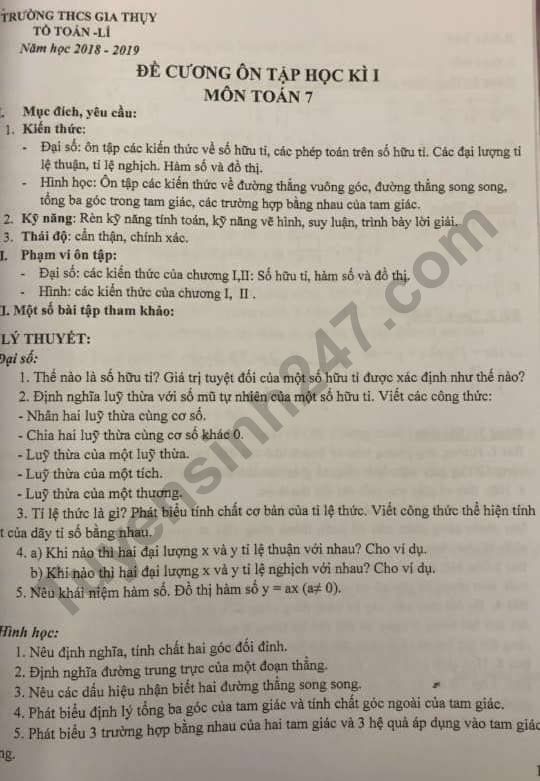 De cuong on tap ki 1 lop 7 mon Toan 2018 - THCS Gia Thuy