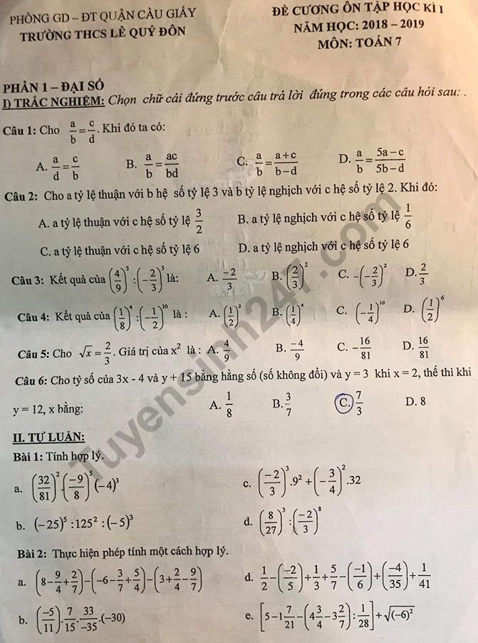 De cuong on tap ki 1 lop 7 mon Toan THCS Le Quy Don 2018