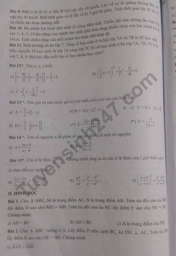 De cuong on tap ki 1 lop 7 mon Toan THCS Nam Trung Yen 2018
