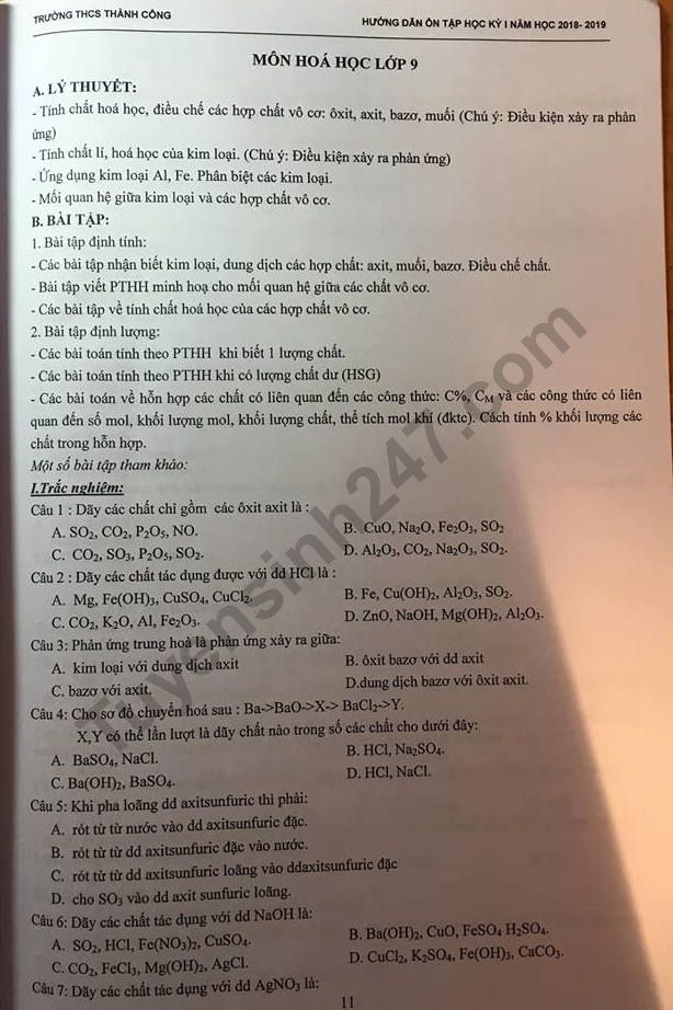 De cuong on tap ki 1 lop 9 mon Hoa 2018 - THCS Thanh Cong