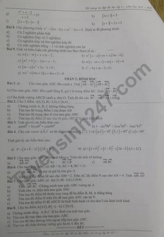 De cuong on tap ki 1 lop 10 mon Toan THPT Thuc Nghiem 2018