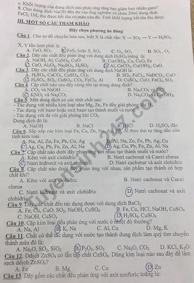 De cuong on tap ki 1 lop 9 mon Hoa THCS Trung Vuong 2018
