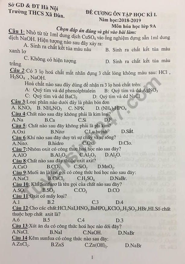 De cuong on tap ki 1 lop 9 mon Hoa 2018 - THCS Xa Dan