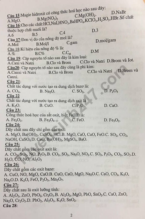De cuong on tap ki 1 lop 9 mon Hoa 2018 - THCS Xa Dan