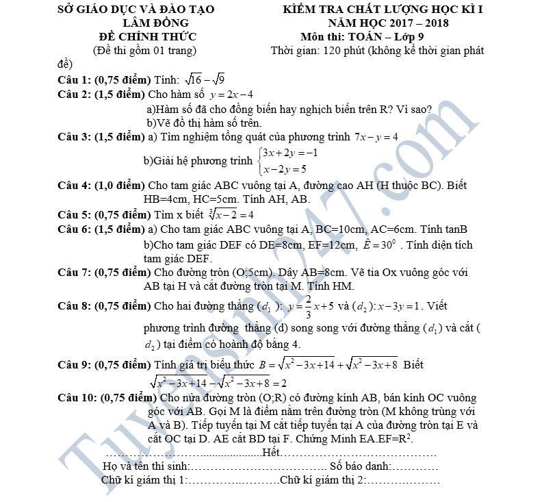 De thi hoc ky 1 lop 9 mon Toan - So GD Lam Dong nam 2018