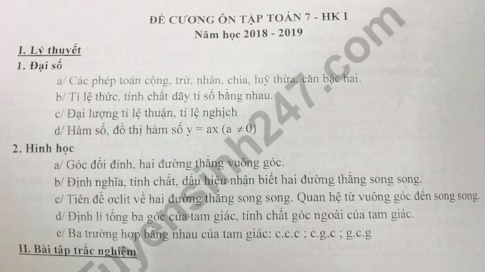 De cuong on tap ki 1 lop 7 mon Toan THCS Hoang Hoa Tham 2018