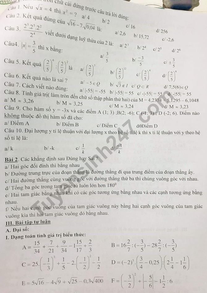 De cuong on tap ki 1 lop 7 mon Toan THCS Hoang Hoa Tham 2018