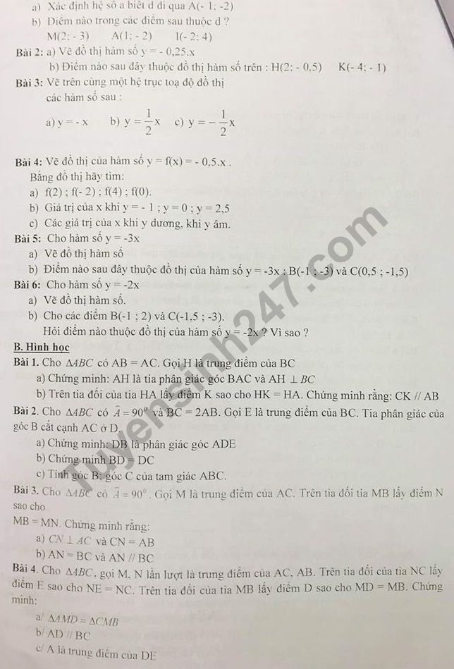 De cuong on tap ki 1 lop 7 mon Toan THCS Hoang Hoa Tham 2018
