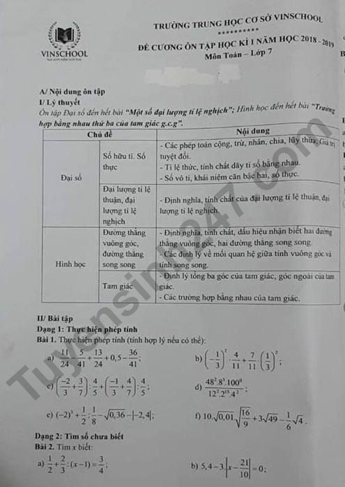 De cuong on tap ki 1 lop 7 mon Toan THCS Vinschool 2018