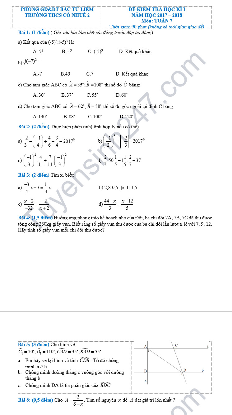 De thi hoc ky 1 lop 7 mon Toan - THCS Co Nhue 2 nam 2018