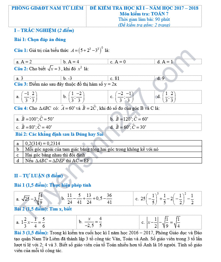 De thi hoc ky 1 lop 7 mon Toan - Phong GD&DT Quan Nam Tu Liem 2018