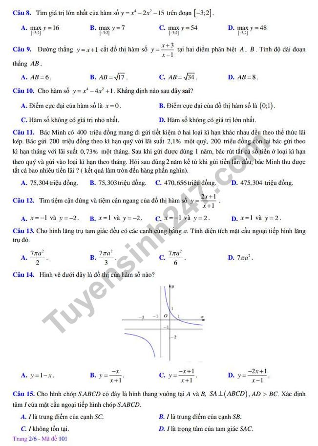 De thi ki 1 lop 12 mon Toan 2018 - THPT Kim Lien