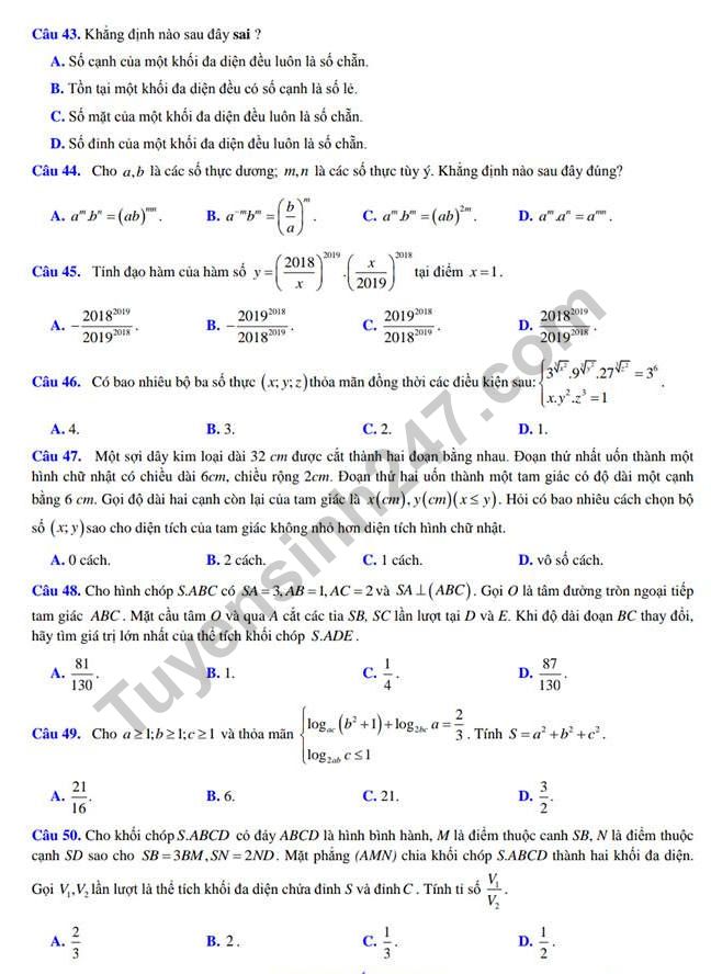 De thi ki 1 lop 12 mon Toan 2018 - THPT Kim Lien