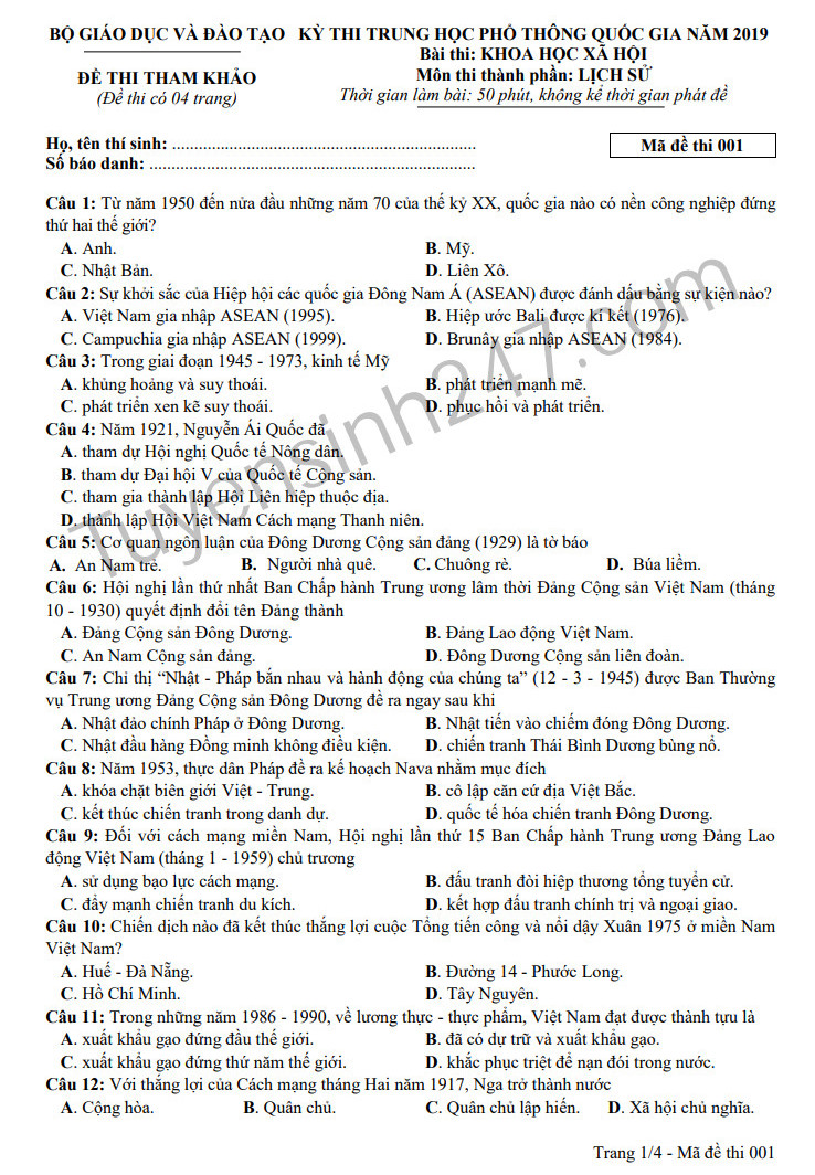 Huong dan giai de thi minh hoa mon Su THPT QG 2019