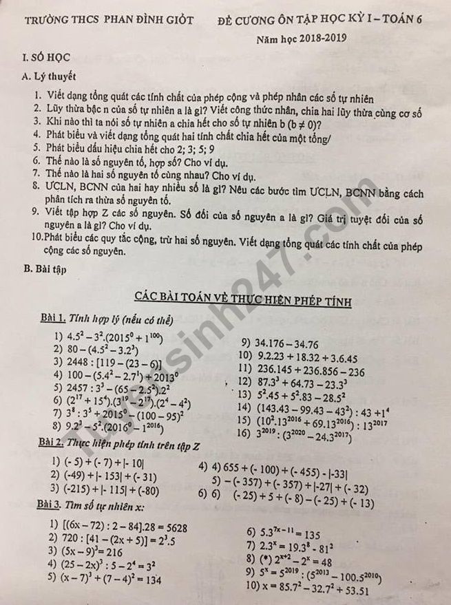 De cuong on tap ki 1 lop 6 mon Toan 2018 - THCS Phan Dinh Giot