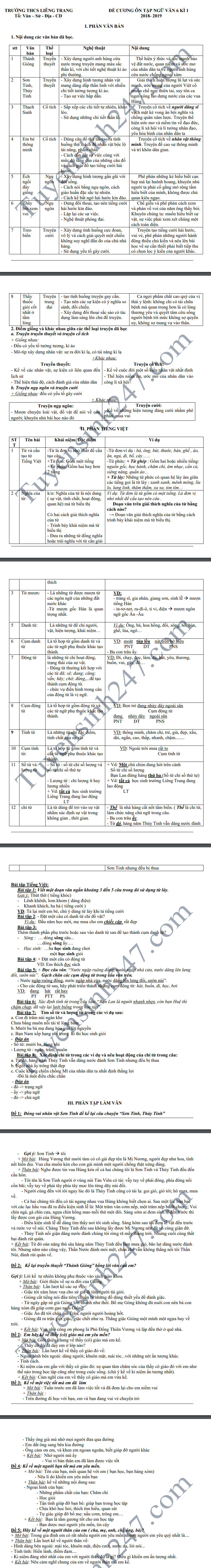 De cuong on tap hoc ky 1 lop 6 mon Van - THCS Lieng Trang 2018