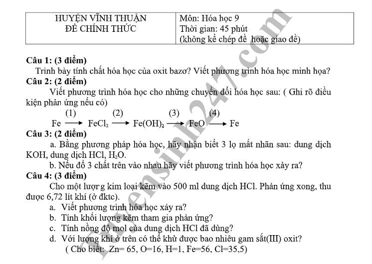 De thi hoc ky 1 lop 9 mon Hoa - Phong GD Huyen Vinh Thuan 2018