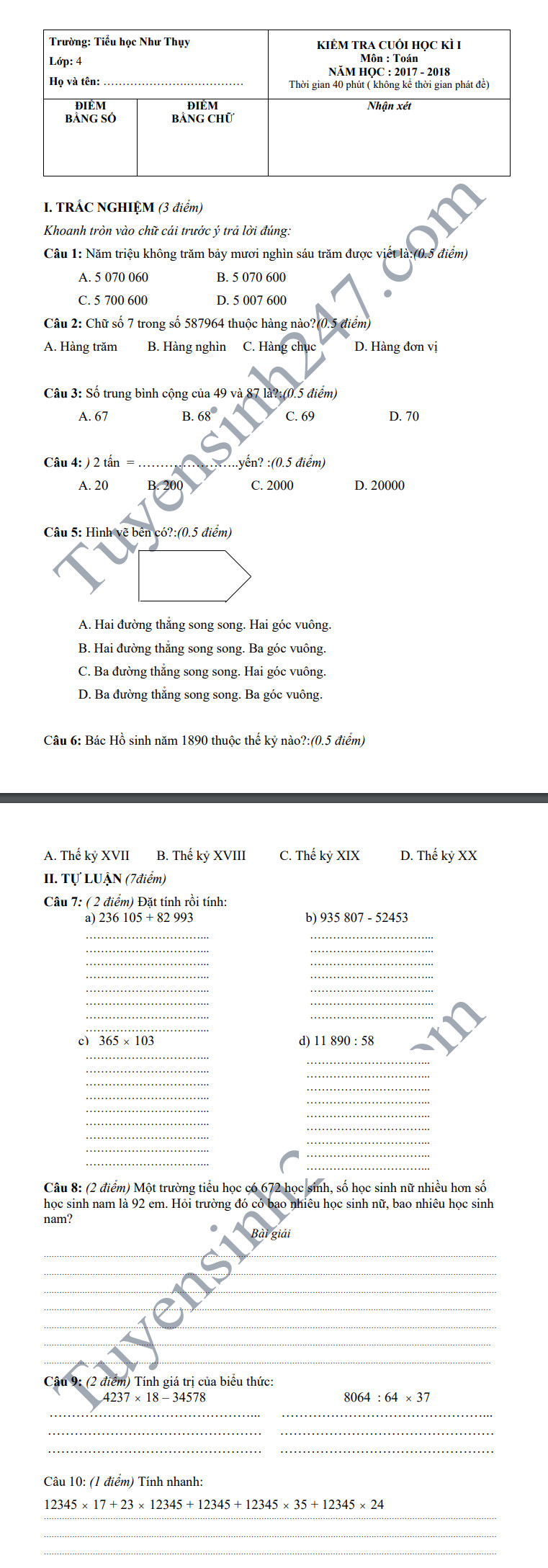 De thi hoc ky 1 lop 4 mon Toan - Tieu hoc Nhu Thuy nam 2018