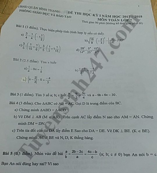 De thi hoc ky 1 lop 7 mon Toan - Phong GD Binh Thanh 2018