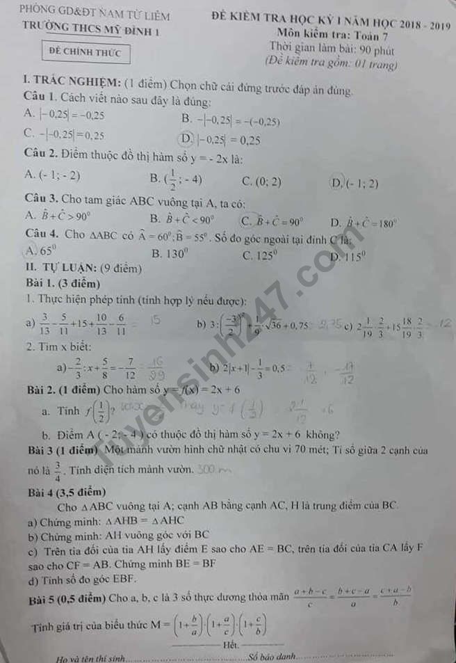 De thi ki 1 lop 7 mon Toan THCS My Dinh 1 nam 2018