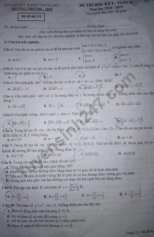 De thi ki 1 lop 10 mon Toan 2018 - 2019 THPT Doan Ket