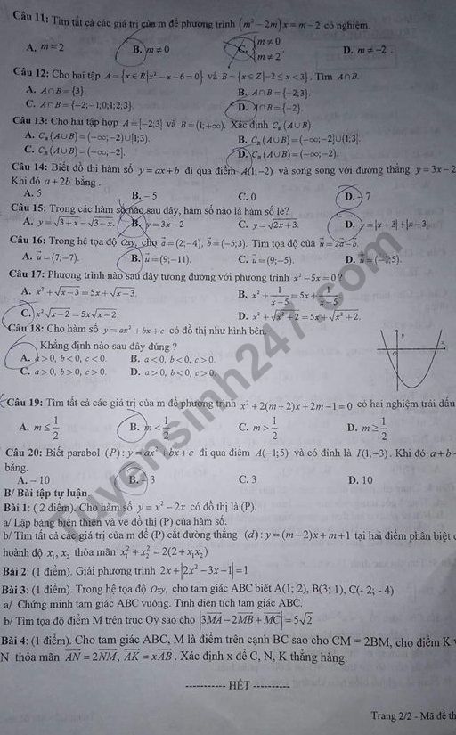 De thi ki 1 lop 10 mon Toan 2018 - 2019 THPT Doan Ket