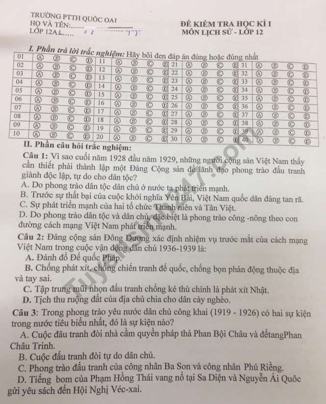 De thi ki 1 lop 12 mon Su 2018 - 2019 THPT Quoc Oai