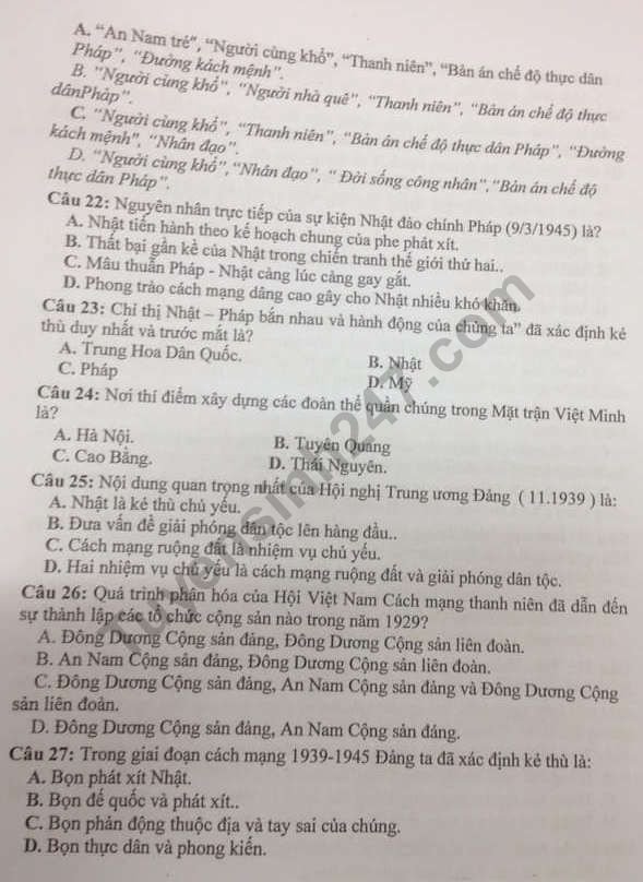 De thi ki 1 lop 12 mon Su 2018 - 2019 THPT Quoc Oai