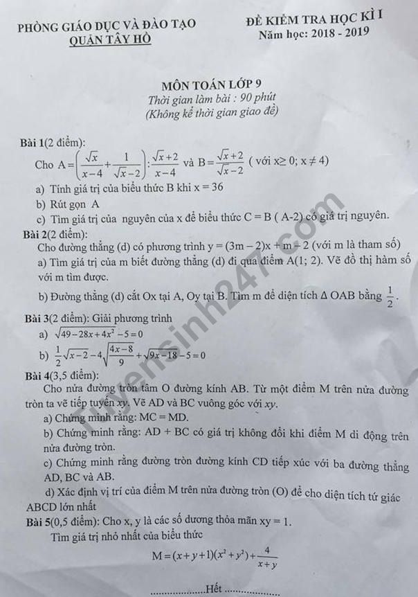 De thi hoc ki 1 mon Toan lop 9 Quan Tay Ho 2018