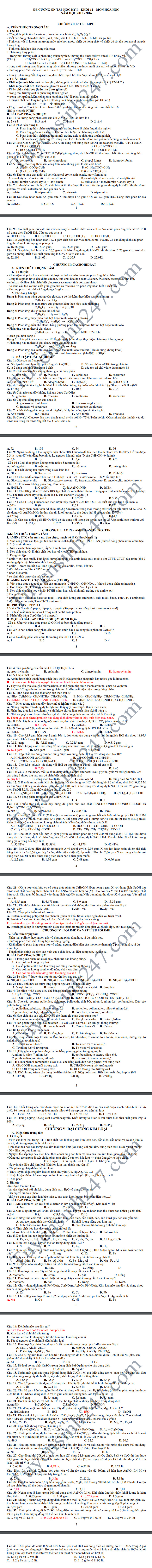 De cuong on tap hoc ky 1 lop 12 mon Hoa - THPT Phuc Tho nam 2018
