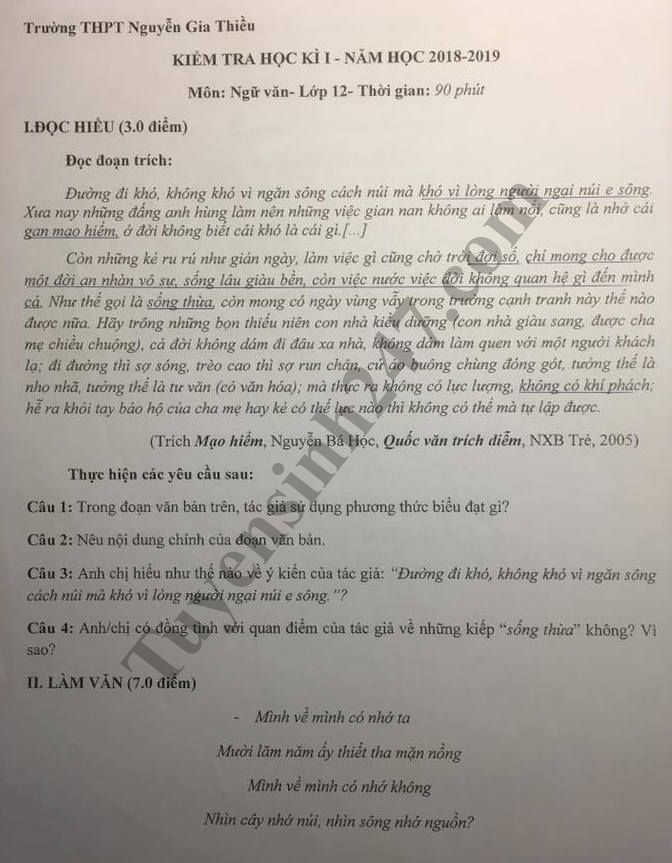 De thi hoc ky 1 lop 12 mon Van - THPT Nguyen Gia Thieu nam 2018