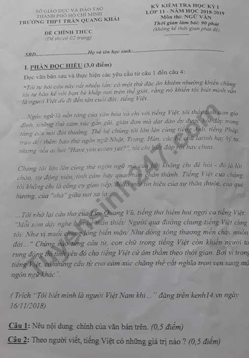 De thi ki 1 lop 11 mon Van 2018 - THPT Tran Quang Khai