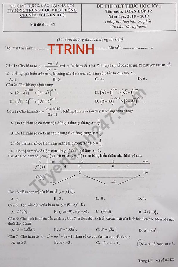 De thi ki 1 lop 12 mon Toan 2018 - 2019 Chuyen Nguyen Hue