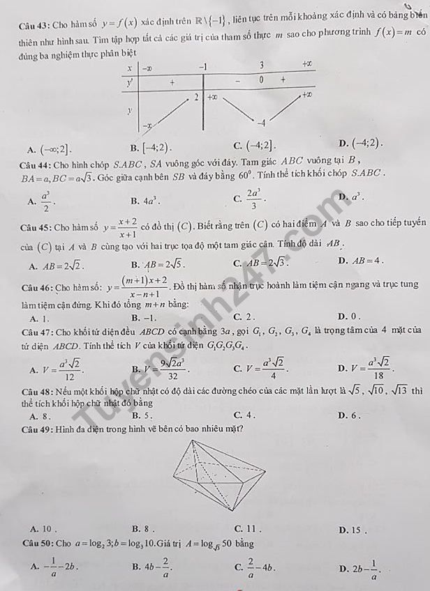 De thi ki 1 lop 12 mon Toan 2018 - 2019 Chuyen Nguyen Hue