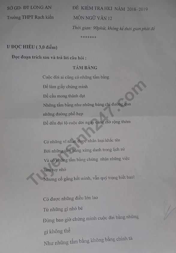 De thi ki 1 lop 12 mon Van 2018 - 2019 THPT Rach Kien