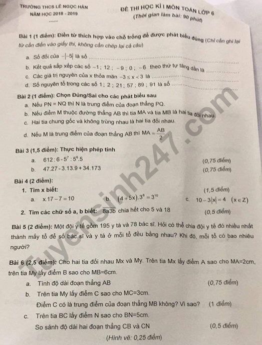 De thi ki 1 lop 6 mon Toan 2018 - 2019 THCS Le Ngoc Han