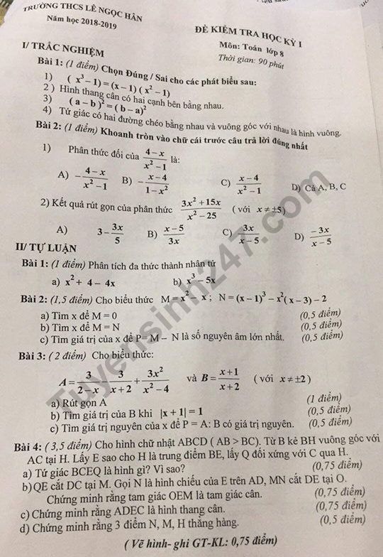 De thi ki 1 lop 8 mon Toan THCS Le Ngoc Han 2018