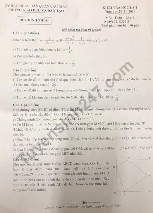 De thi ki 1 lop 9 mon Toan 2018 - Cau Giay