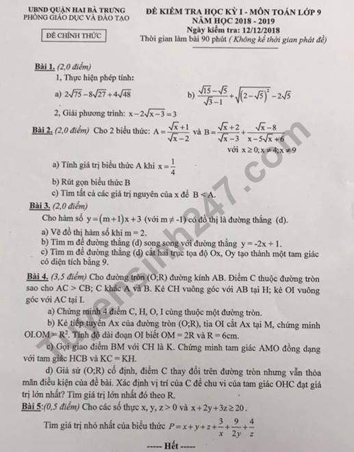 De thi ki 1 lop 9 mon Toan - Quan Hai Ba Trung 2018
