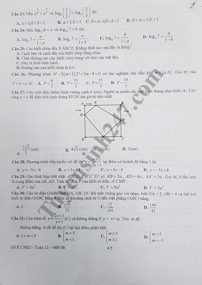 De thi hoc ky 1 lop 12 mon Toan - THPT Dan Phuong nam hoc 2018 - 2019