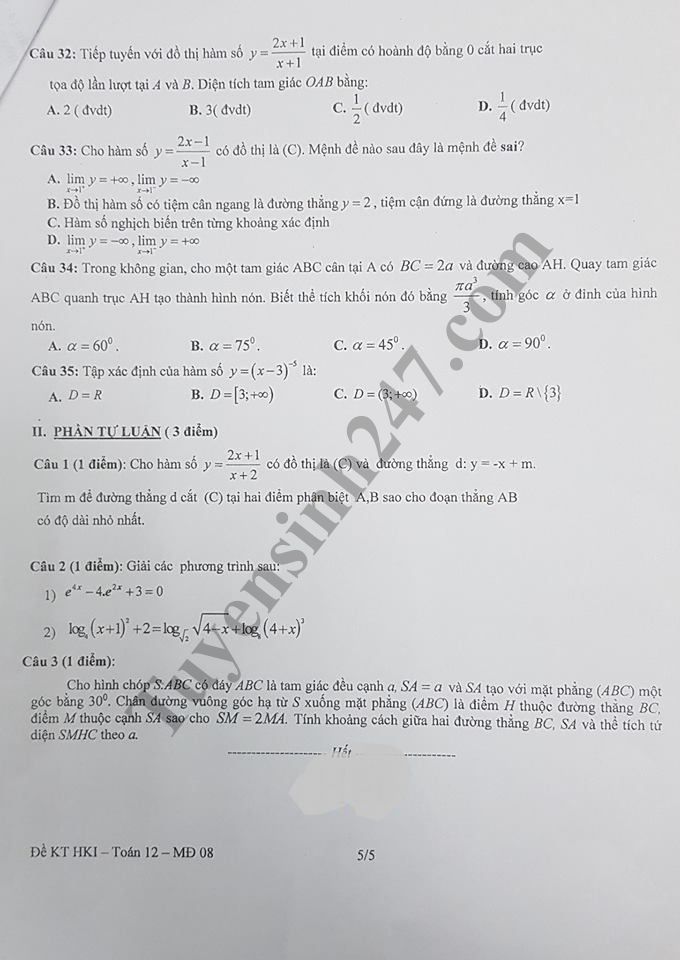 De thi hoc ky 1 lop 12 mon Toan - THPT Dan Phuong nam hoc 2018 - 2019